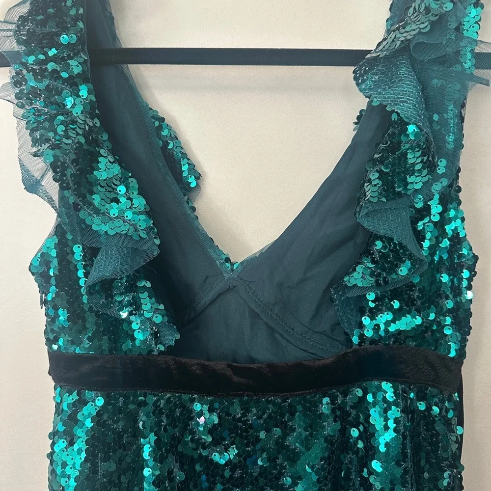 Free People Teal Sequin V-Neck Mini Party Dress with Black Velvet Tie